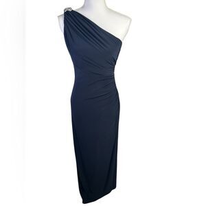 Betsy & Adam Navy Asymmetrical One Shoulder Cocktail Wedding Guest Dress Size 4